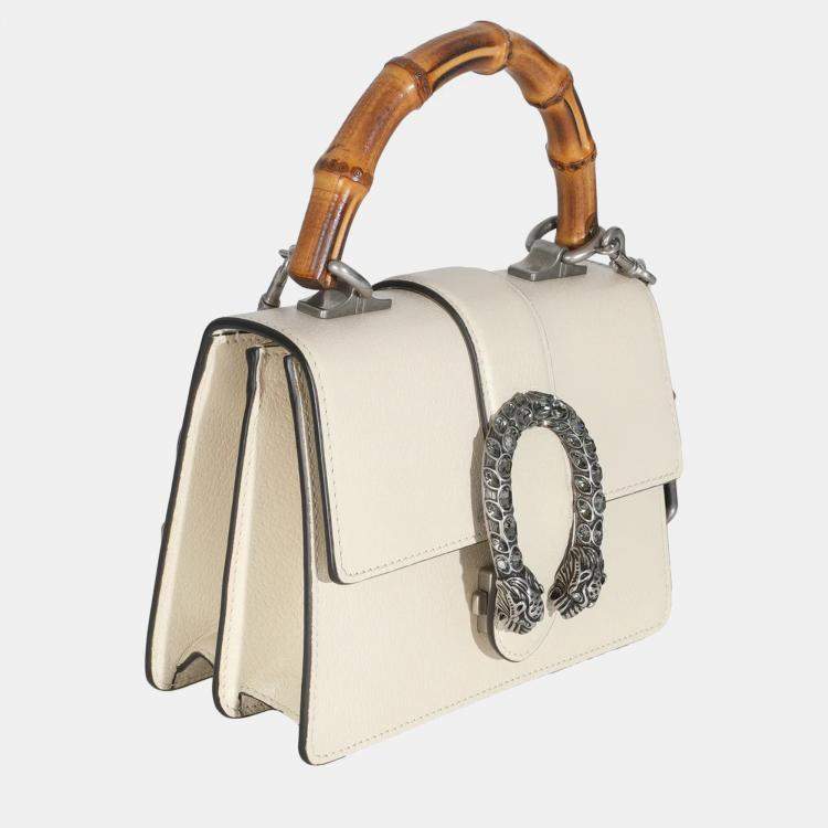 Pre Owned Gucci Mystic White Textured Calfskin Crystal Bamboo Web Mini Dionysus Top Handle