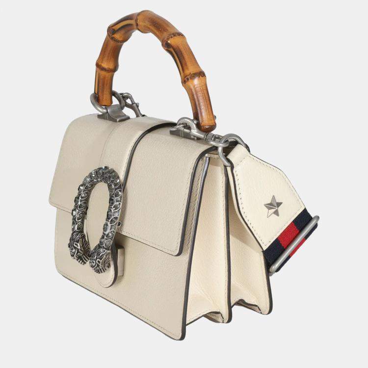 Pre Owned Gucci Mystic White Textured Calfskin Crystal Bamboo Web Mini Dionysus Top Handle