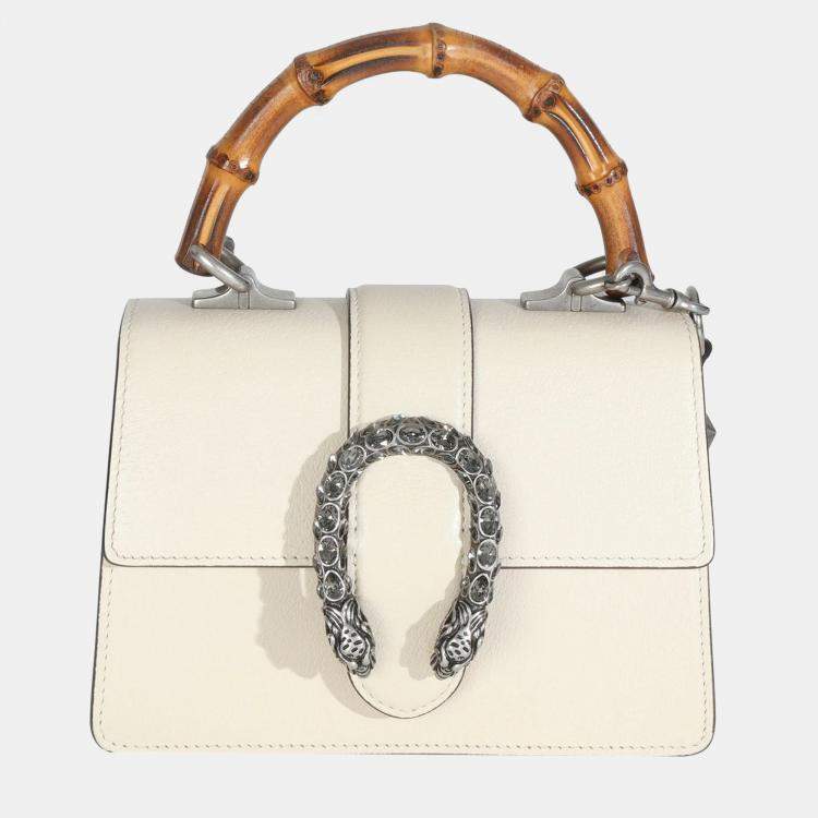 Pre Owned Gucci Mystic White Textured Calfskin Crystal Bamboo Web Mini Dionysus Top Handle