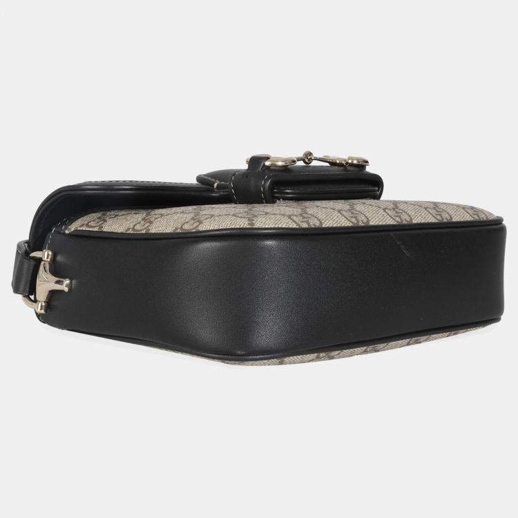 Pre Owned Gucci Black Beige GG Supreme Monogram Mini Horsebit 1955 Shoulder Bag