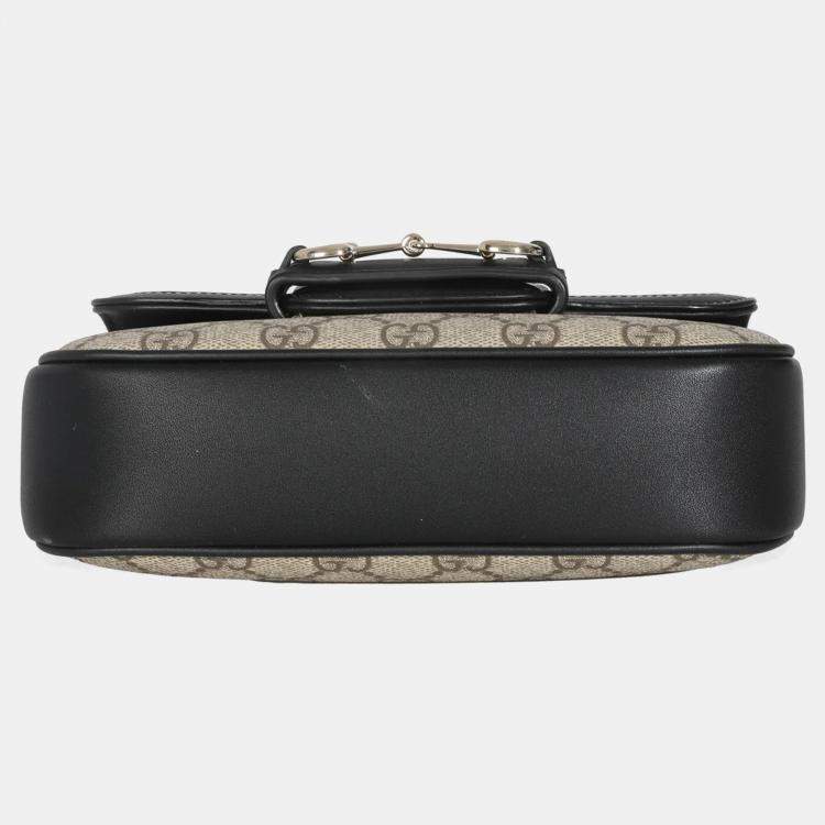 Pre Owned Gucci Black Beige GG Supreme Monogram Mini Horsebit 1955 Shoulder Bag