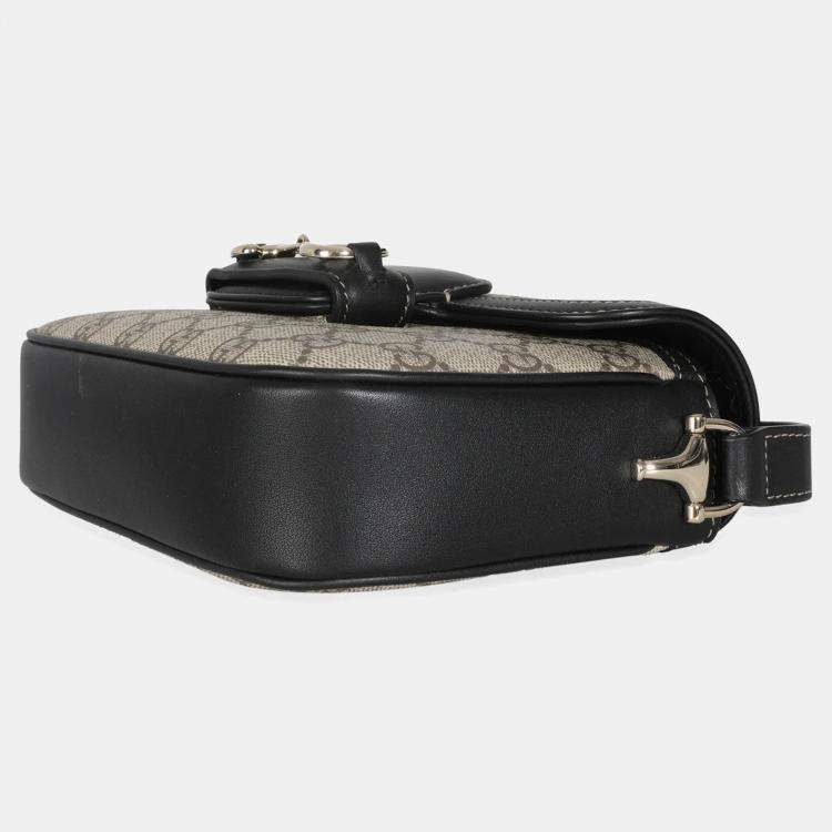 Pre Owned Gucci Black Beige GG Supreme Monogram Mini Horsebit 1955 Shoulder Bag