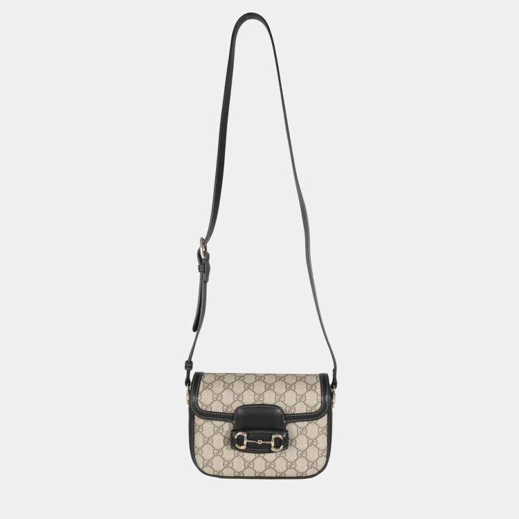 Pre Owned Gucci Black Beige GG Supreme Monogram Mini Horsebit 1955 Shoulder Bag