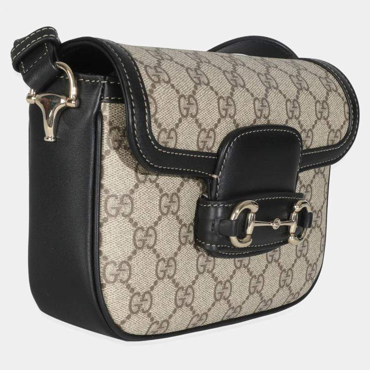 Pre Owned Gucci Black Beige GG Supreme Monogram Mini Horsebit 1955 Shoulder Bag