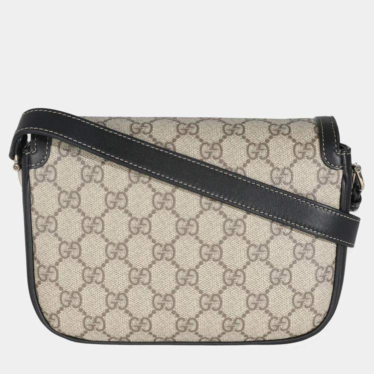 Pre Owned Gucci Black Beige GG Supreme Monogram Mini Horsebit 1955 Shoulder Bag