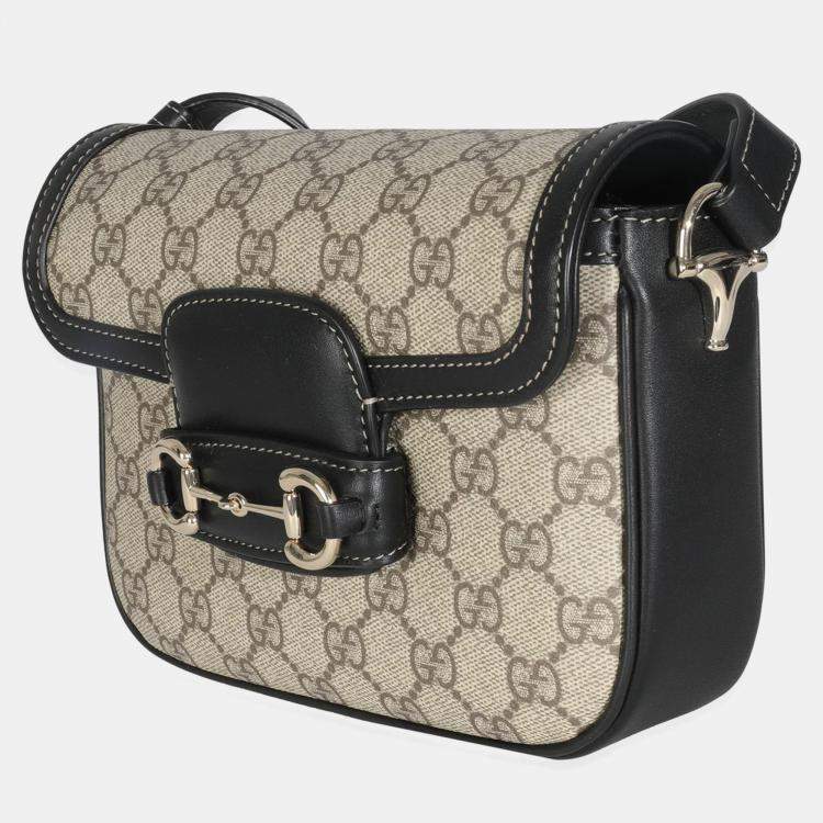 Pre Owned Gucci Black Beige GG Supreme Monogram Mini Horsebit 1955 Shoulder Bag
