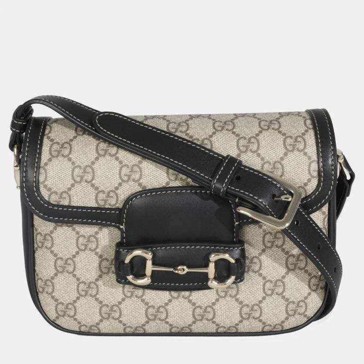 Pre Owned Gucci Black Beige GG Supreme Monogram Mini Horsebit 1955 Shoulder Bag