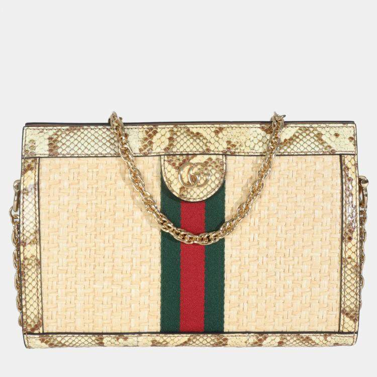 Pre Owned Gucci Cream Brown Raffia Elaphe GG Small Ophidia Chain Shoulder Bag