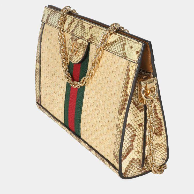 Pre Owned Gucci Cream Brown Raffia Elaphe GG Small Ophidia Chain Shoulder Bag