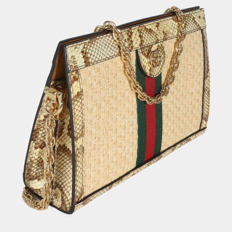 Pre Owned Gucci Cream Brown Raffia Elaphe GG Small Ophidia Chain Shoulder Bag