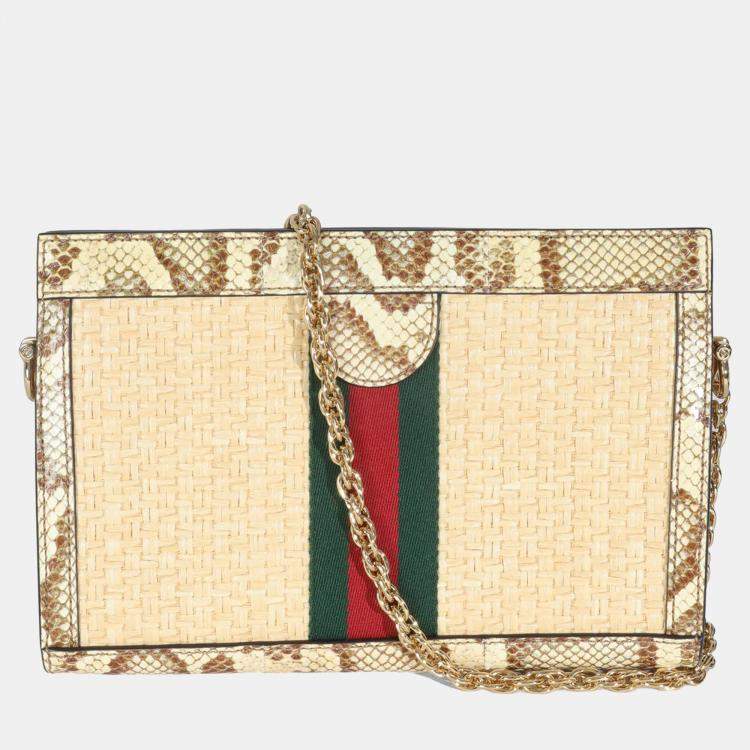 Pre Owned Gucci Cream Brown Raffia Elaphe GG Small Ophidia Chain Shoulder Bag