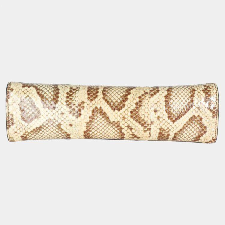 Pre Owned Gucci Cream Brown Raffia Elaphe GG Small Ophidia Chain Shoulder Bag