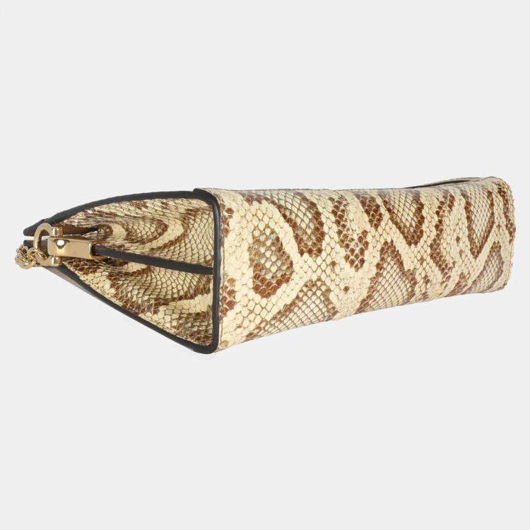 Pre Owned Gucci Cream Brown Raffia Elaphe GG Small Ophidia Chain Shoulder Bag