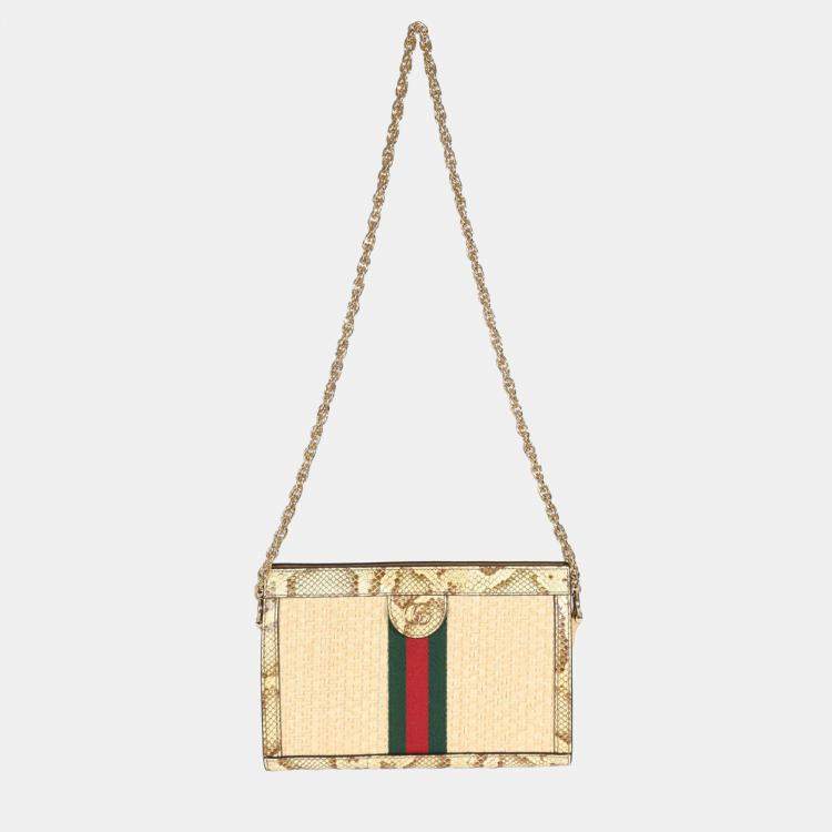Pre Owned Gucci Cream Brown Raffia Elaphe GG Small Ophidia Chain Shoulder Bag