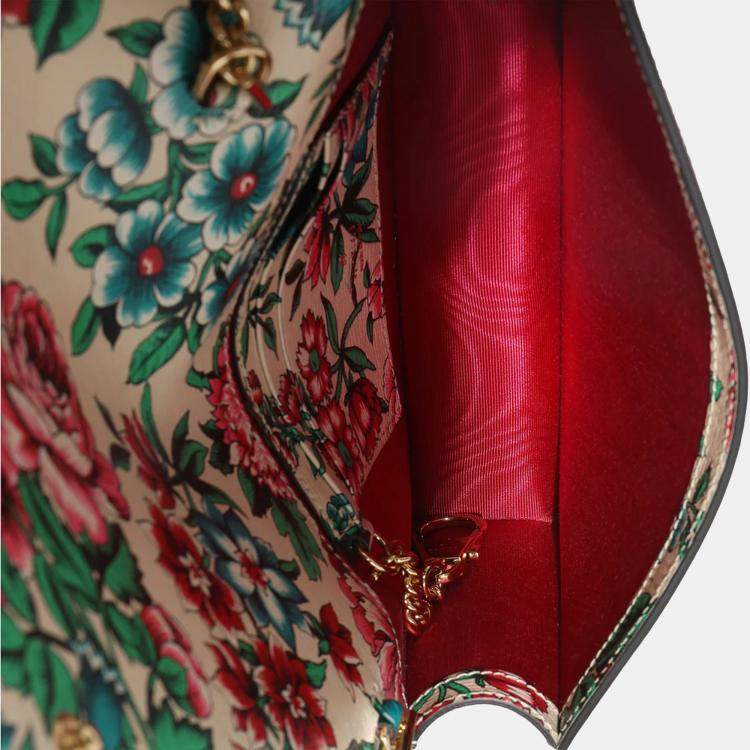 Pre Owned Gucci New Shanghai Floral Calfskin Bamboo Diana Chain Wallet
