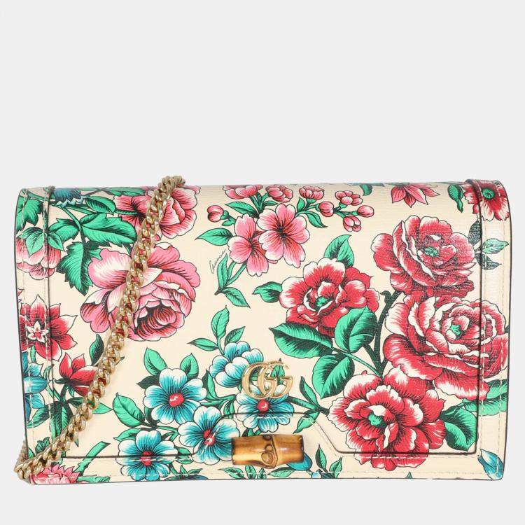 Pre Owned Gucci New Shanghai Floral Calfskin Bamboo Diana Chain Wallet