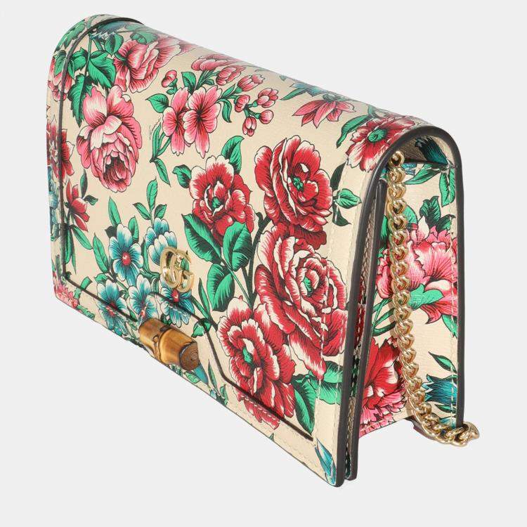 Pre Owned Gucci New Shanghai Floral Calfskin Bamboo Diana Chain Wallet