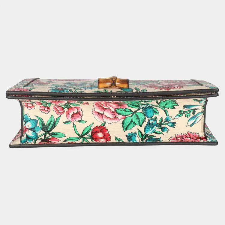 Pre Owned Gucci New Shanghai Floral Calfskin Bamboo Diana Chain Wallet