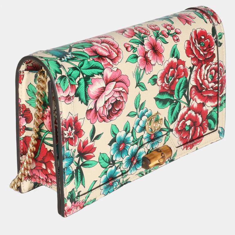 Pre Owned Gucci New Shanghai Floral Calfskin Bamboo Diana Chain Wallet