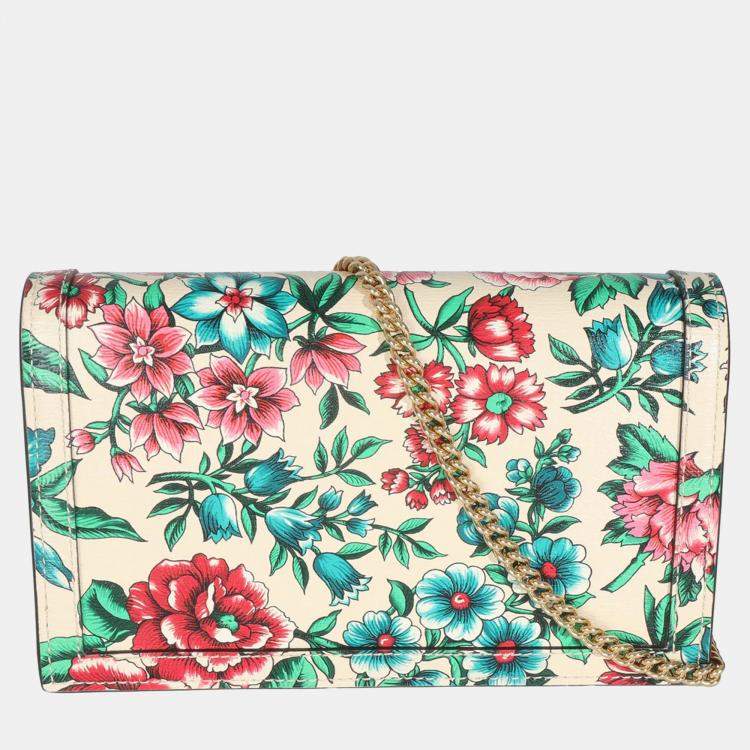 Pre Owned Gucci New Shanghai Floral Calfskin Bamboo Diana Chain Wallet