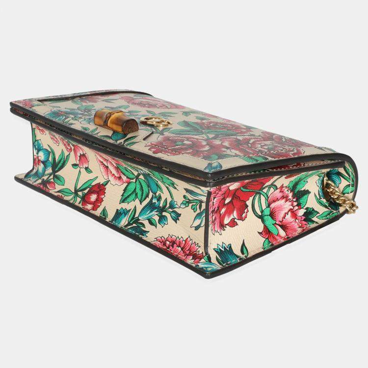 Pre Owned Gucci New Shanghai Floral Calfskin Bamboo Diana Chain Wallet