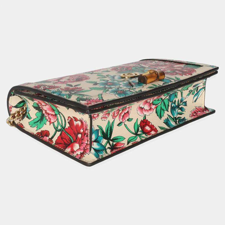 Pre Owned Gucci New Shanghai Floral Calfskin Bamboo Diana Chain Wallet
