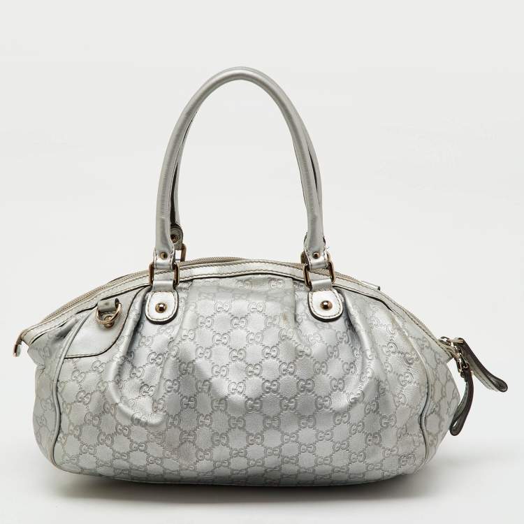Pre Owned Gucci Metallic Grey Guccissima Leather Medium Sukey Boston Bag