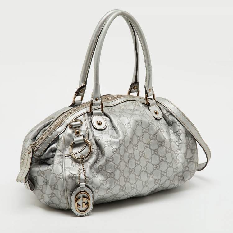 Pre Owned Gucci Metallic Grey Guccissima Leather Medium Sukey Boston Bag