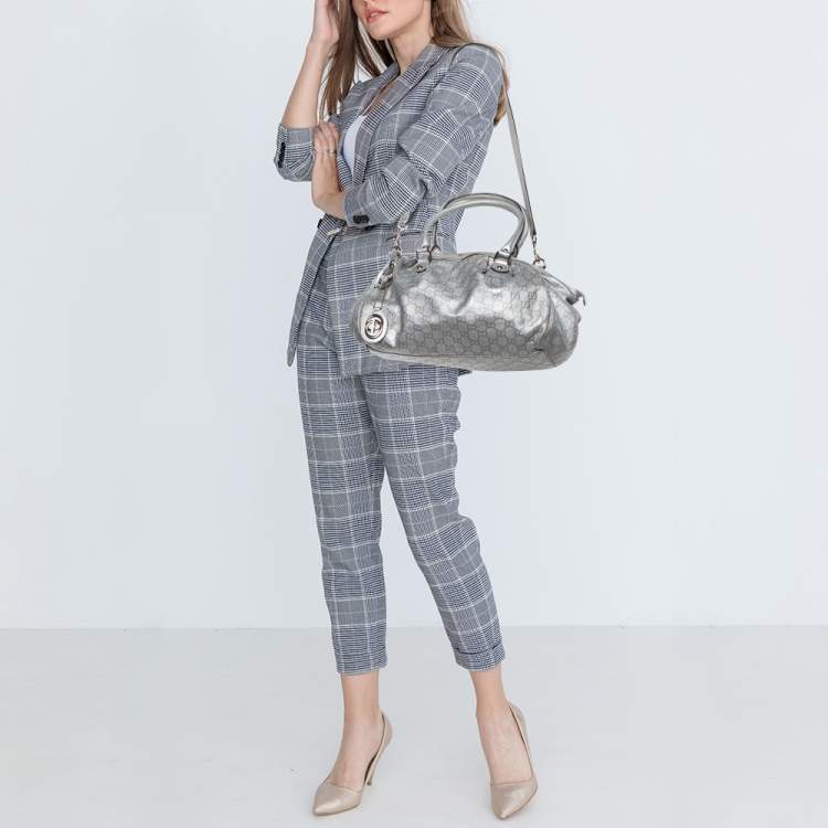 Pre Owned Gucci Metallic Grey Guccissima Leather Medium Sukey Boston Bag