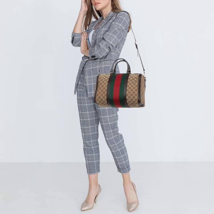 Pre Owned Gucci Beige/Brown GG Canvas and Leather Vintage Web Medium Joy Boston Bag