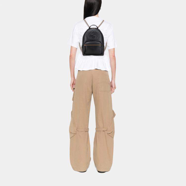 Pre Owned Gucci Black Pebbled Calfskin Soho Chain Backpack