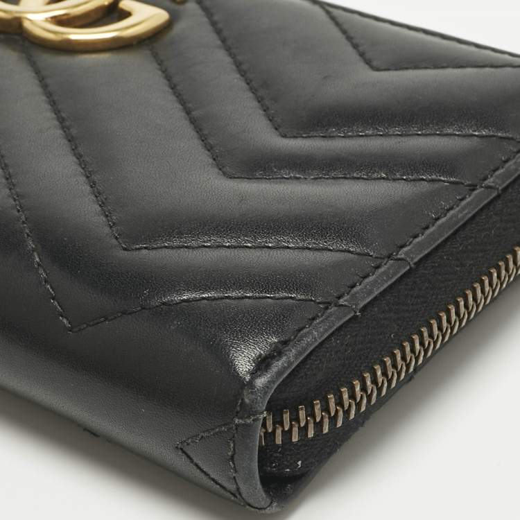 Pre Owned Gucci Black Matelassé Leather GG Marmont Continental Wallet