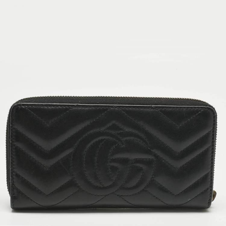 Pre Owned Gucci Black Matelassé Leather GG Marmont Continental Wallet
