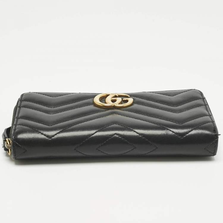 Pre Owned Gucci Black Matelassé Leather GG Marmont Continental Wallet