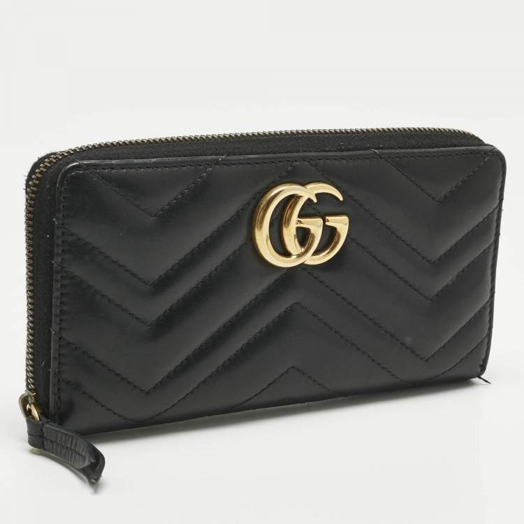 Pre Owned Gucci Black Matelassé Leather GG Marmont Continental Wallet