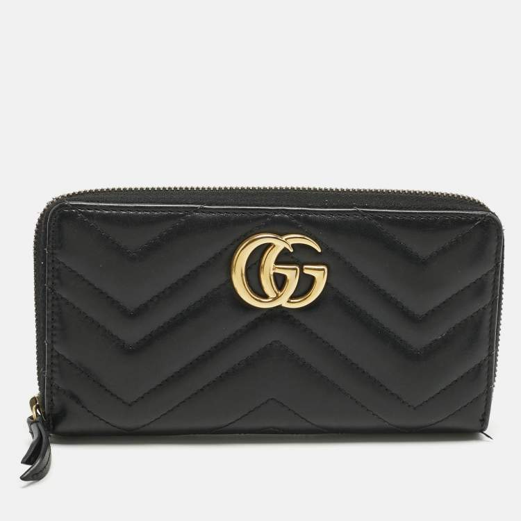 Pre Owned Gucci Black Matelassé Leather GG Marmont Continental Wallet