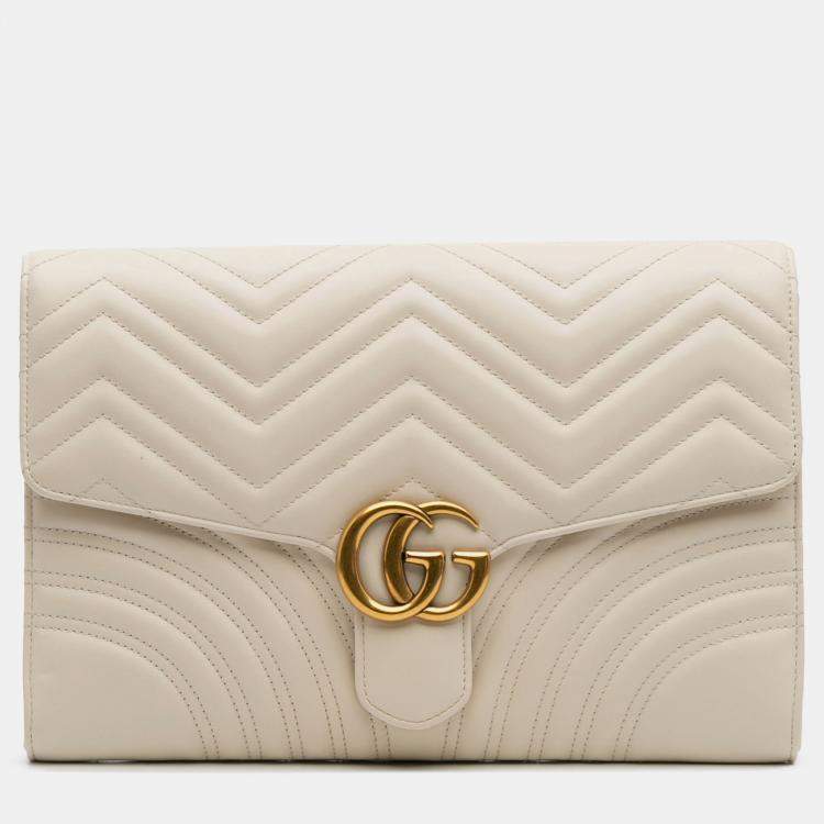 Pre Owned Gucci White GG Marmont Matelasse Leather Flap Clutch