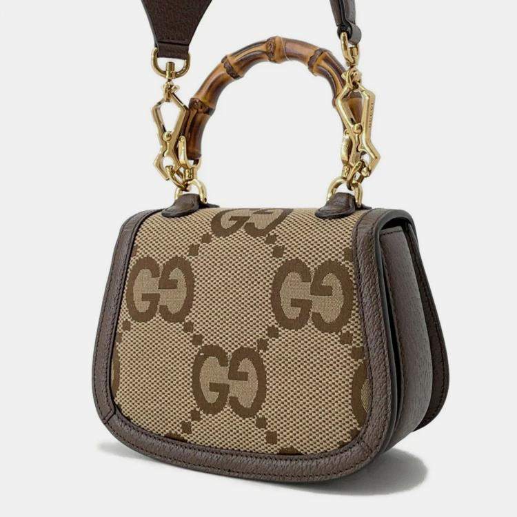 Pre Owned Gucci Bamboo 1947 Jumbo Gg Top Handle Bag Beige/Brown Canvas Leather Size Mini