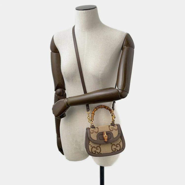 Pre Owned Gucci Bamboo 1947 Jumbo Gg Top Handle Bag Beige/Brown Canvas Leather Size Mini