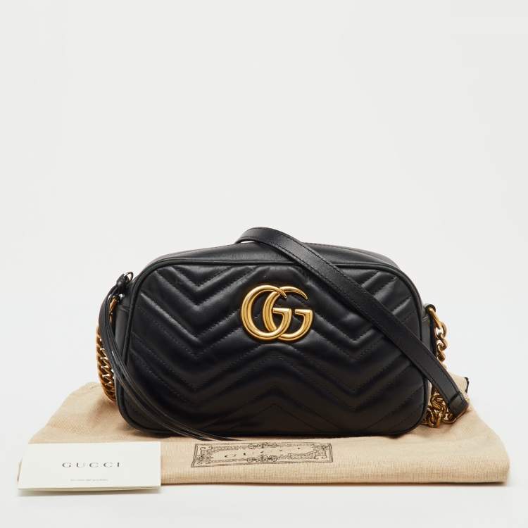 Pre Owned Gucci Black Matelassé Leather Small GG Marmont Camera Bag