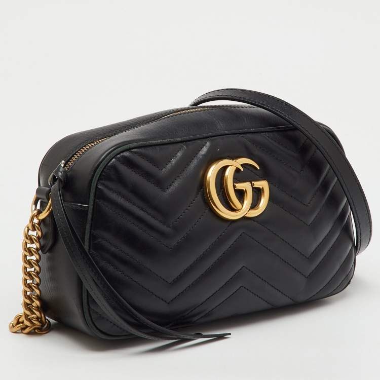 Pre Owned Gucci Black Matelassé Leather Small GG Marmont Camera Bag