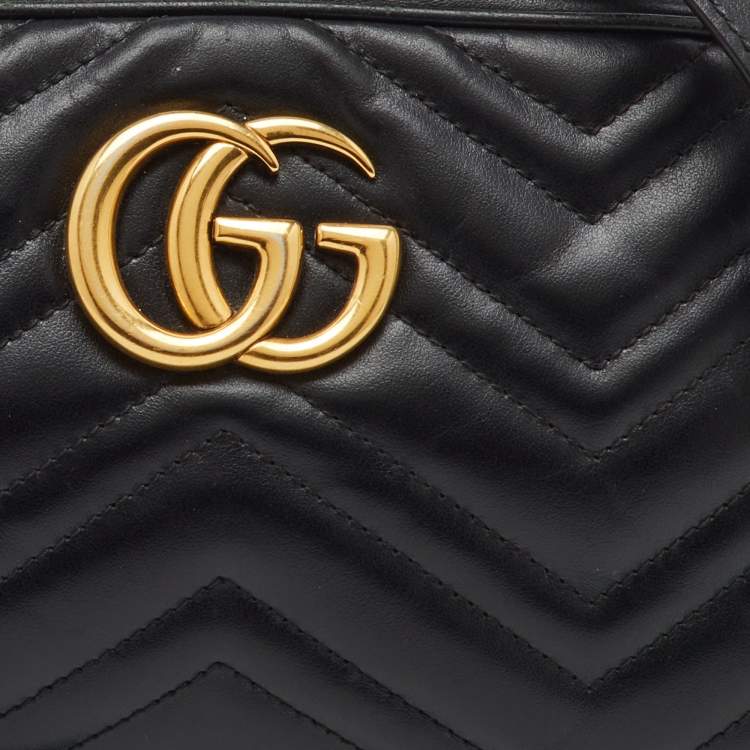Pre Owned Gucci Black Matelassé Leather Small GG Marmont Camera Bag