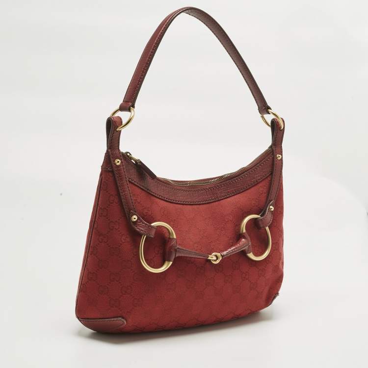 Pre Owned Gucci Red GG Canvas and Leather Horsebit Hobo