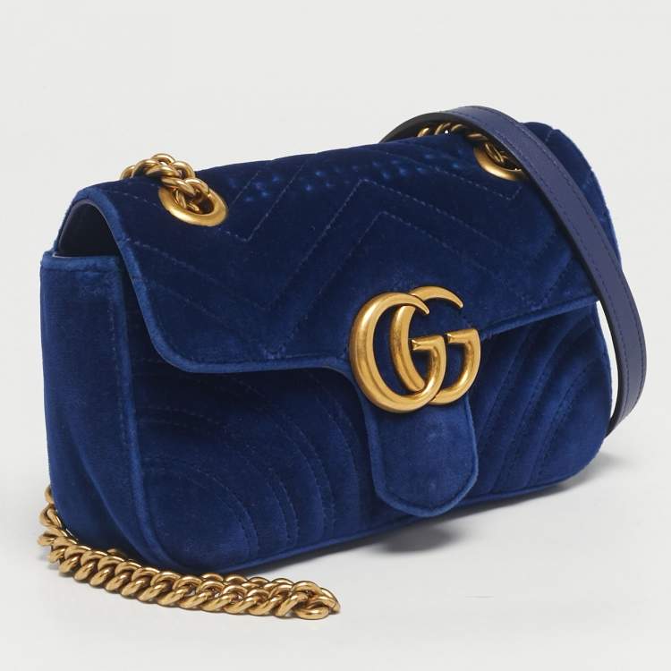 Pre Owned Gucci Blue Matelassé Velvet Mini GG Marmont Shoulder Bag