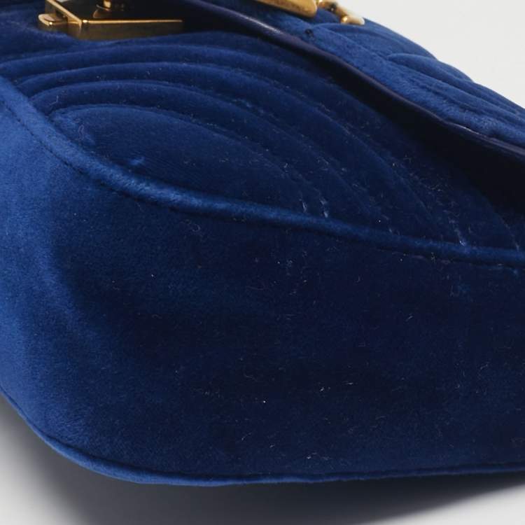 Pre Owned Gucci Blue Matelassé Velvet Mini GG Marmont Shoulder Bag