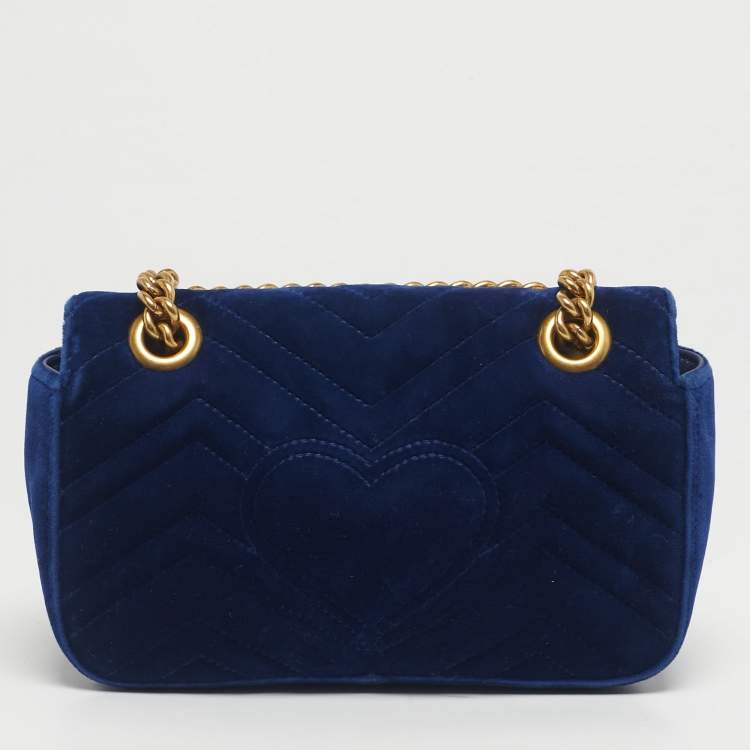 Pre Owned Gucci Blue Matelassé Velvet Mini GG Marmont Shoulder Bag