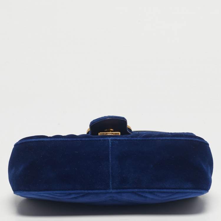 Pre Owned Gucci Blue Matelassé Velvet Mini GG Marmont Shoulder Bag