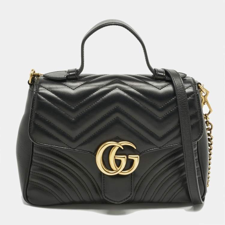 Gucci Black Matelasse Leather Medium GG Marmont Top Handle Bag