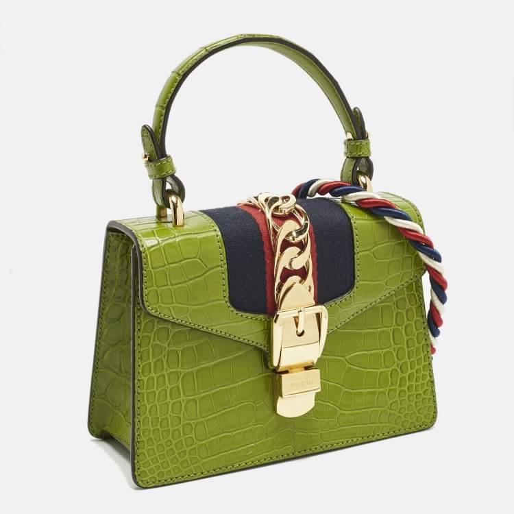 مملوكة مسبقًا Gucci Olive Alligator Mini Web Sylvie Top Handle Bag
