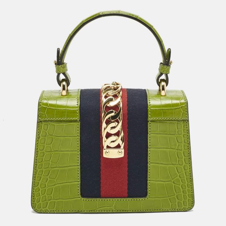 مملوكة مسبقًا Gucci Olive Alligator Mini Web Sylvie Top Handle Bag